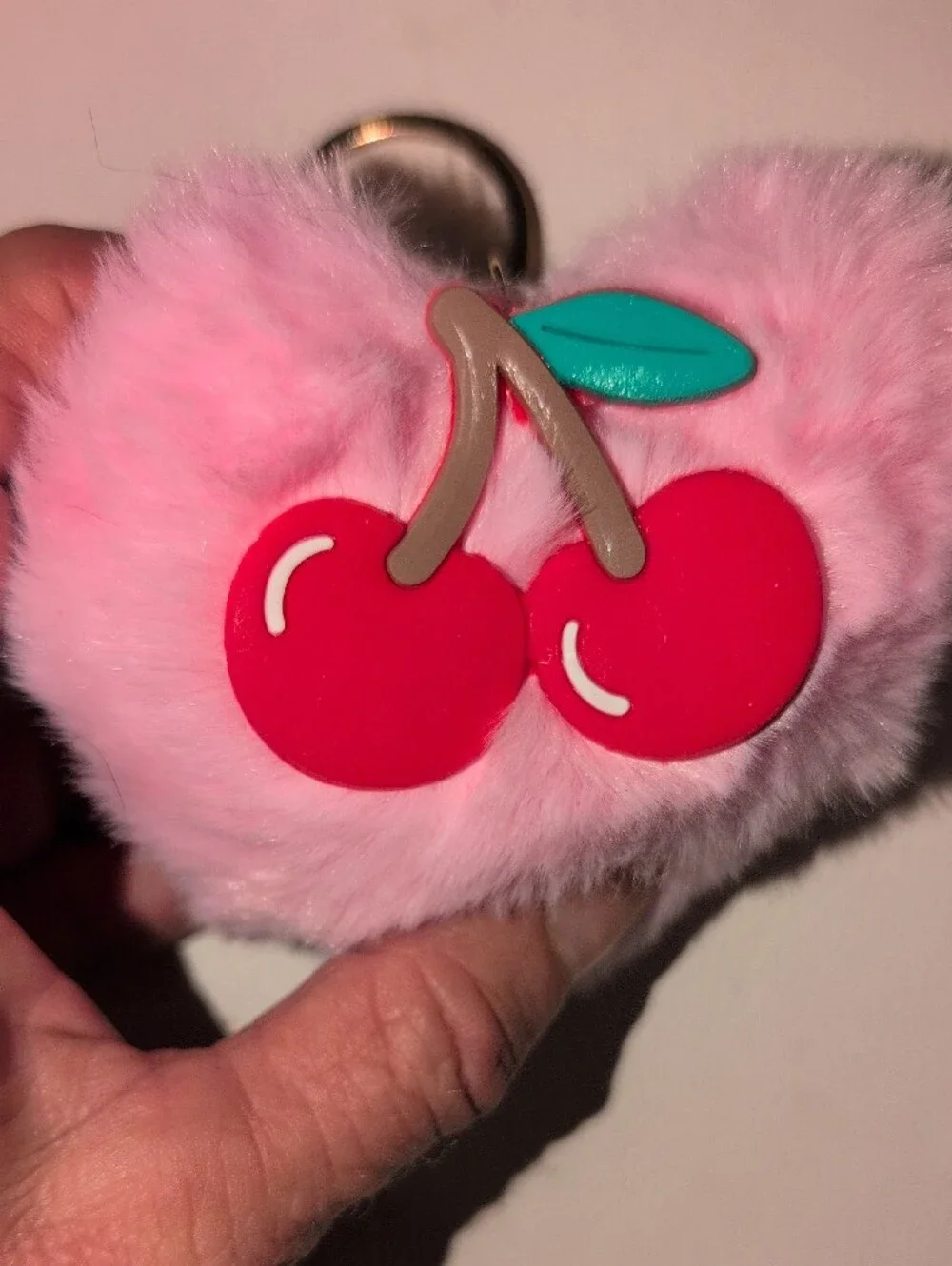 Pink Heart Pom Keychain with Red Cherry Charm